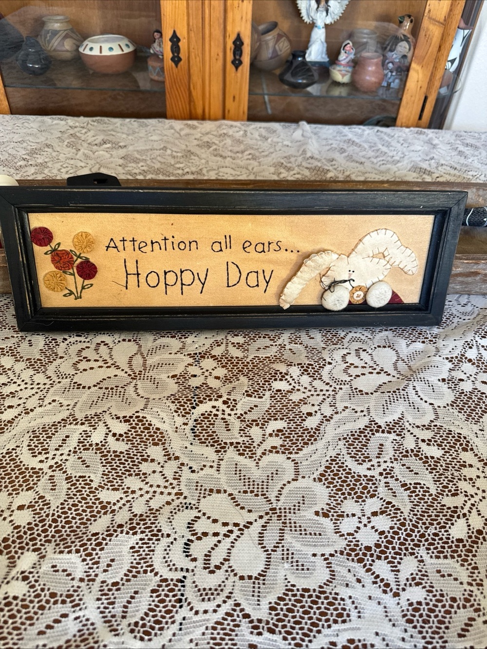 Vintage Hoppy Day Bunny Framed Textile Folk Art Cottagecore Rabbit 18x6